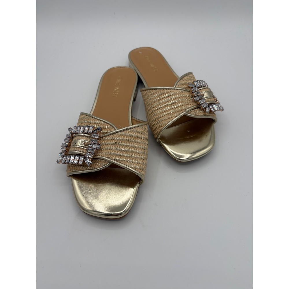 Nine West Gold Raffia Crystal Buckle Slide Sandals Women 9M Square Toe Summer